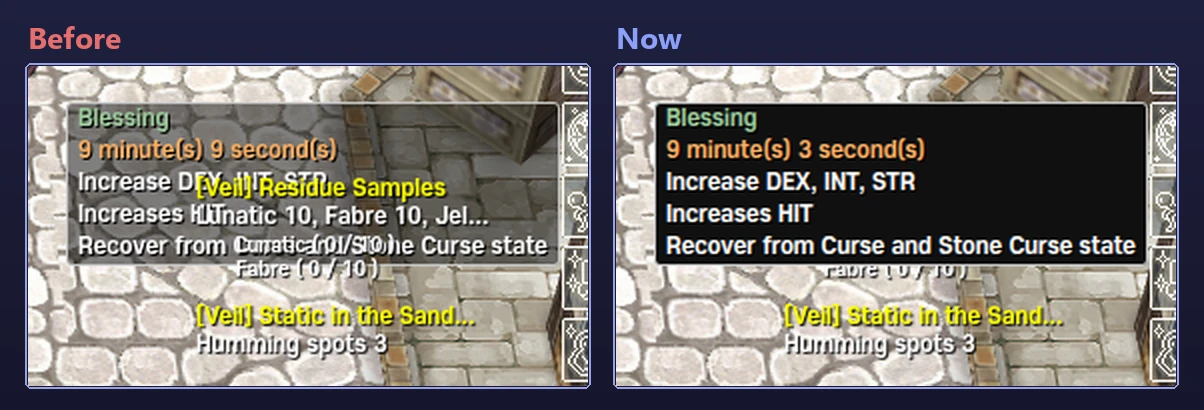The Blessing description over the tracked quests: before, both texts mixed; now, a solid dark box above the quests