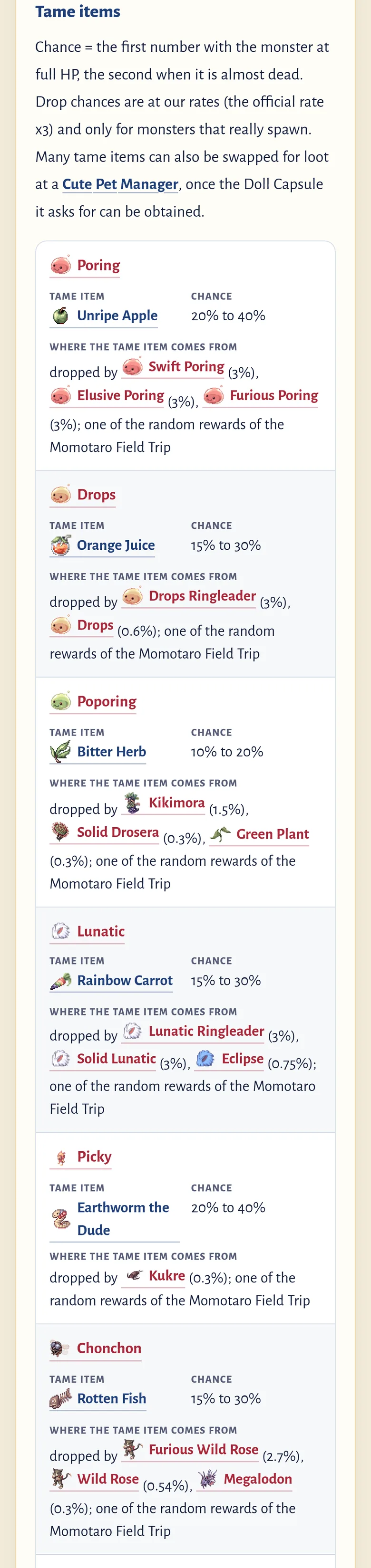 The Pets page on a phone before: the Tame items table shows every pet as a long card, 37 of them in a row