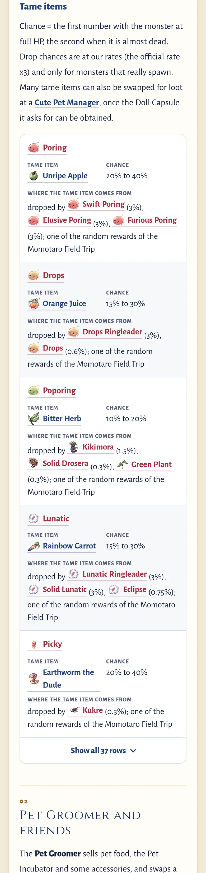 The Pets page on a phone now: the Tame items table shows five pets and a Show all 37 rows button under them