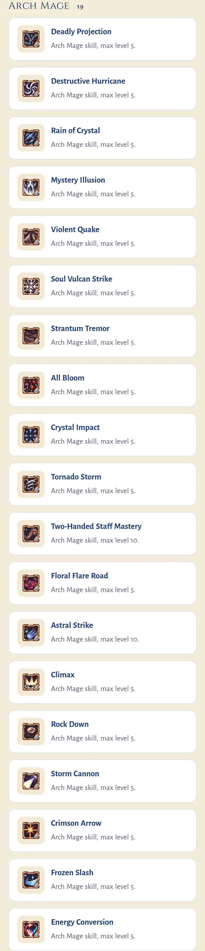 The Skills list on a phone before: the 19 Arch Mage skills in one column, one skill per row