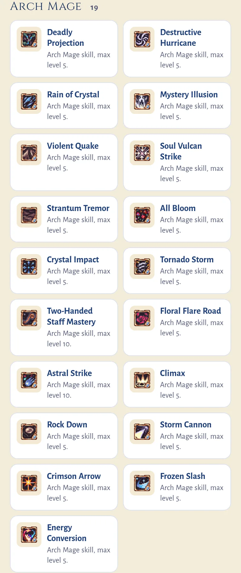 The Skills list on a phone now: the 19 Arch Mage skills in two columns