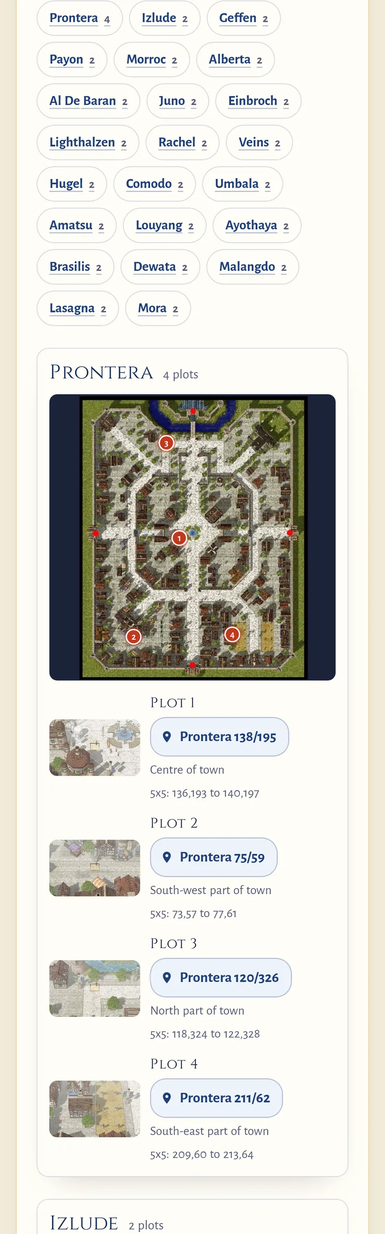 The Guild Quarters plots page on a phone before: the town buttons, then the Prontera block with the next town starting right below