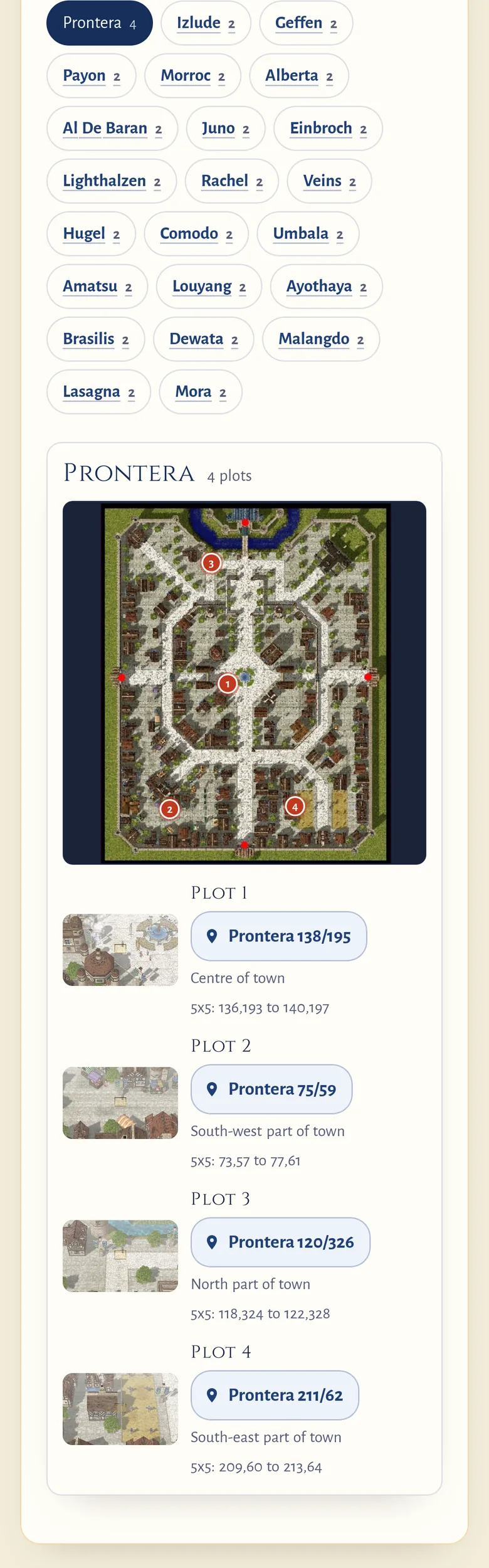The Guild Quarters plots page on a phone now: the town buttons with Prontera marked and only the Prontera block under them