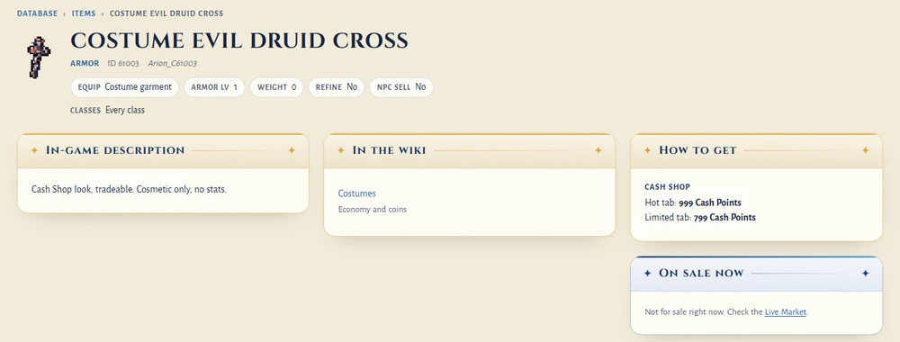The website database page of the Costume Evil Druid Cross: its icon, the Costume garment slot, the in-game description and the Cash Shop prices