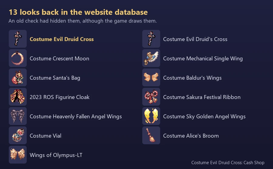 The icons and names of the 13 looks now in the website database, with the Costume Evil Druid Cross first
