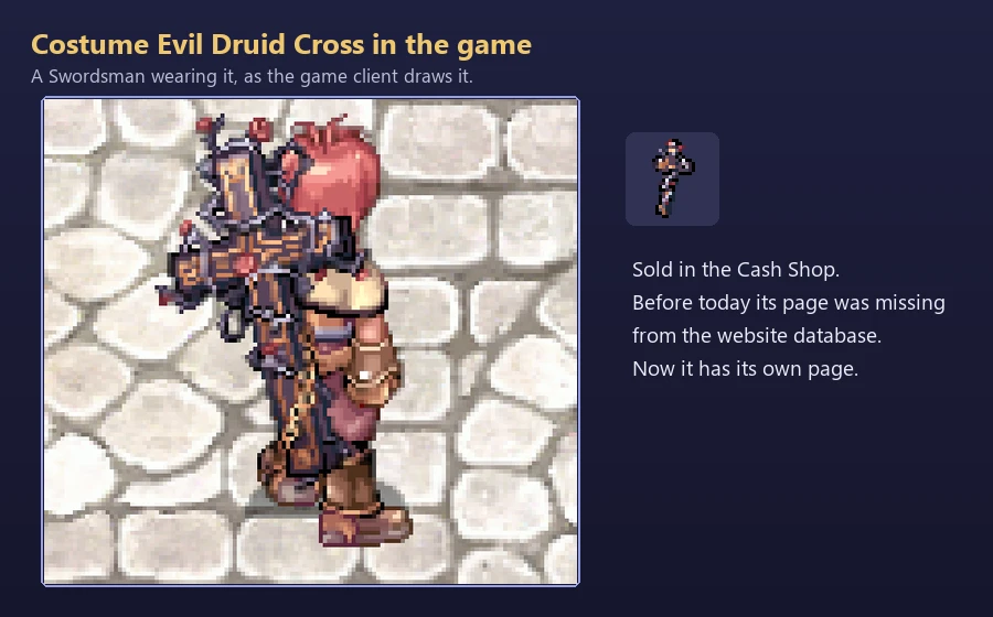 A Swordsman in the game wearing the Costume Evil Druid Cross, a large dark cross with thorns on the back