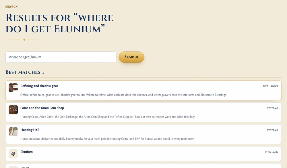 The Search page with the question where do I get Elunium and its 5 Best matches: the Refining and shadow gear wiki page first, the Elunium item page among them