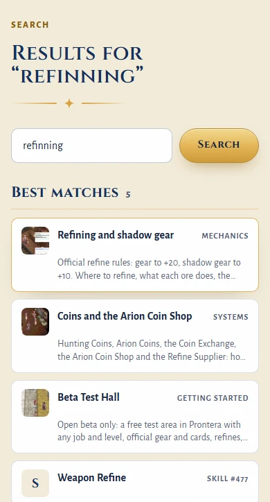The Search page on a phone with the misspelled word refinning, the Refining and shadow gear wiki page as the first Best match