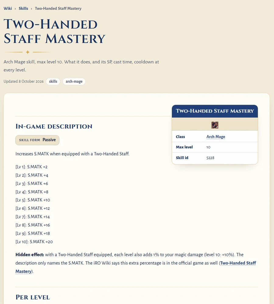 The Two-Handed Staff Mastery wiki page with its new Hidden effect line about magic damage