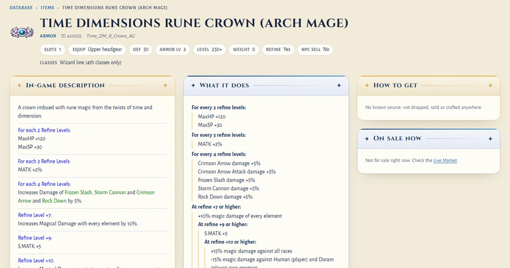 The website database page of the Time Dimensions Rune Crown for the Arch Mage: its description and refine effects