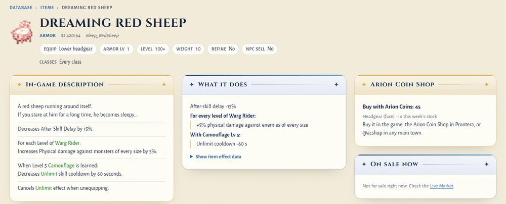 The website database page of the Dreaming Red Sheep: its icon, lower headgear slot, description, effects and its Arion Coin Shop price of 45 coins