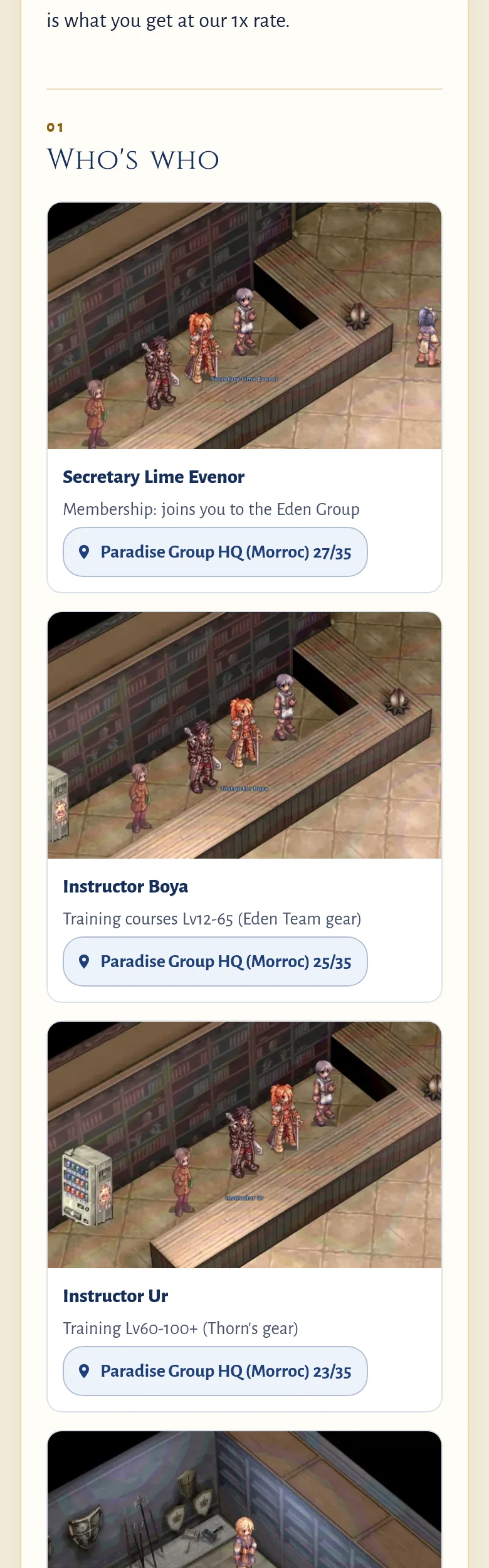 The Eden Group page on a phone before: Who's who with one large NPC card after another, Secretary Lime Evenor, Instructor Boya, Instructor Ur and more