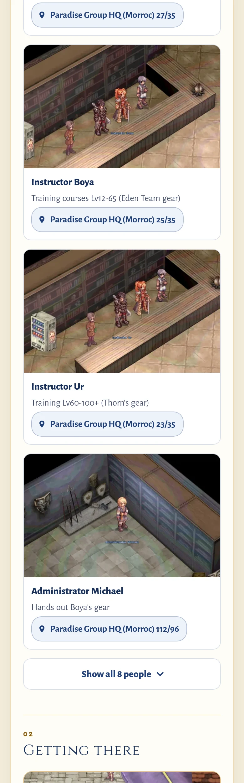 The Eden Group page on a phone now: Who's who ends after Instructor Boya, Instructor Ur and Administrator Michael with a Show all 8 people button, then the Getting there section starts