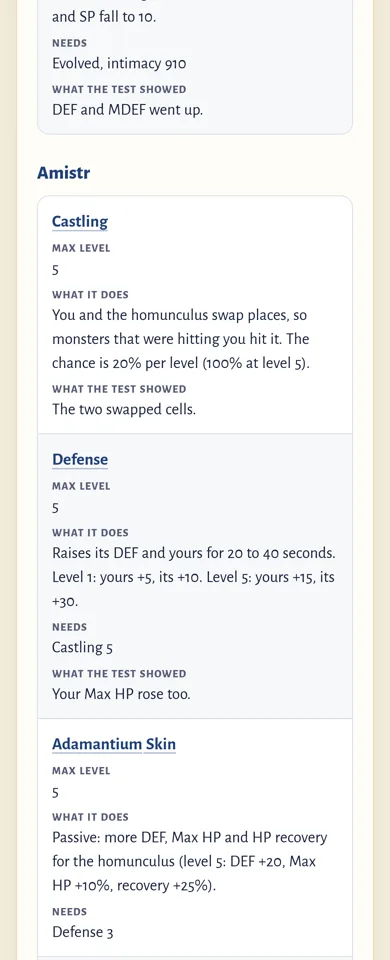 The Homunculus page on a phone before: the Amistr skills Castling, Defense and Adamantium Skin open one after another