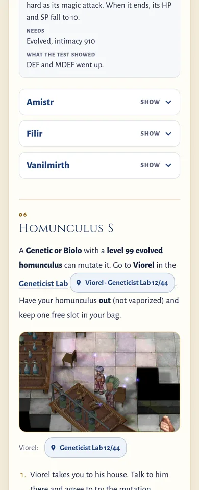 The Homunculus page on a phone now: Amistr, Filir and Vanilmirth as closed bars with a Show button, then the Homunculus S section