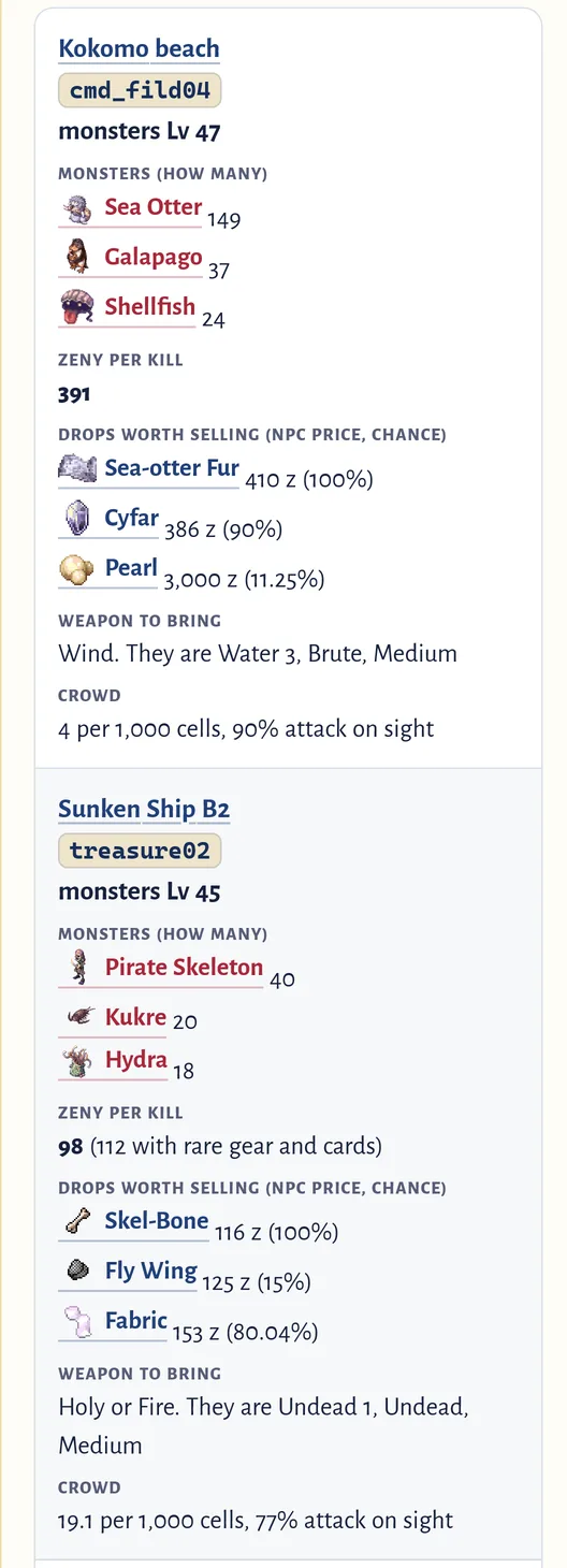 Two map cards from the Base level 1-49 band: Kokomo beach with Sea Otter, Galapago and Shellfish, 391 zeny per kill, then Sunken Ship B2 with Pirate Skeleton, Kukre and Hydra