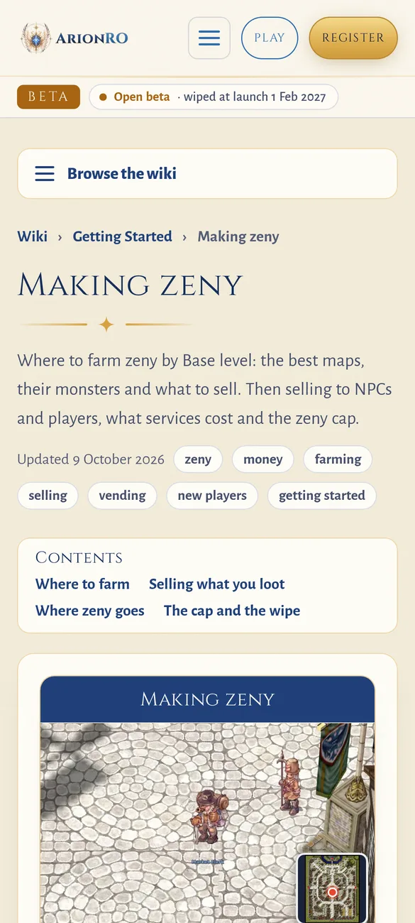 The Making zeny page on a phone: the title, a short summary, the Contents box and the page box with a Market Clerk picture