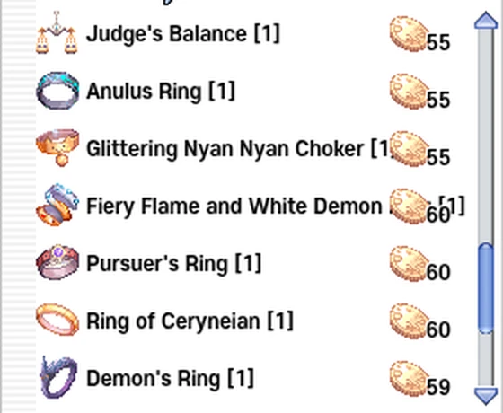 Arion Coin Shop, Accessories tab before: the name Fiery Flame and White Demon Ring runs under the coin icon and the price 60
