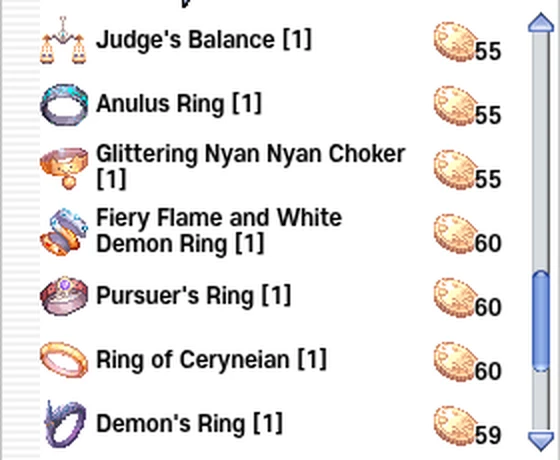 Arion Coin Shop, Accessories tab now: Fiery Flame and White Demon Ring on two lines, ending before the coin icon