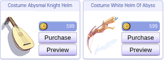 Cash Shop, Hot tab, page 2 before: Costume Abysmal Knight Helm shown as a lute and Costume White Helm Of Abyss as a crossbow
