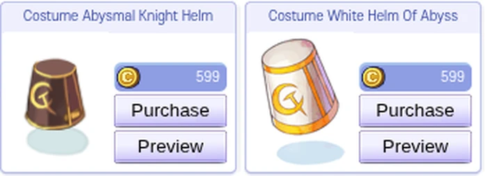 Cash Shop, Hot tab, page 2 now: Costume Abysmal Knight Helm and Costume White Helm Of Abyss shown as their helmets