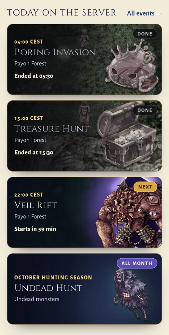 The home page on a phone before: four big event cards for Poring Invasion, Treasure Hunt, Veil Rift and Undead Hunt
