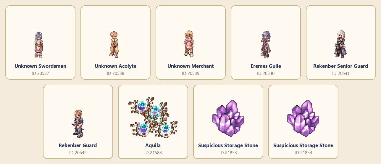 Nine monster pictures with their names and ID numbers: Unknown Swordsman, Unknown Acolyte, Unknown Merchant, Eremes Guile, Rekenber Senior Guard, Rekenber Guard, Aquila and two Suspicious Storage Stones