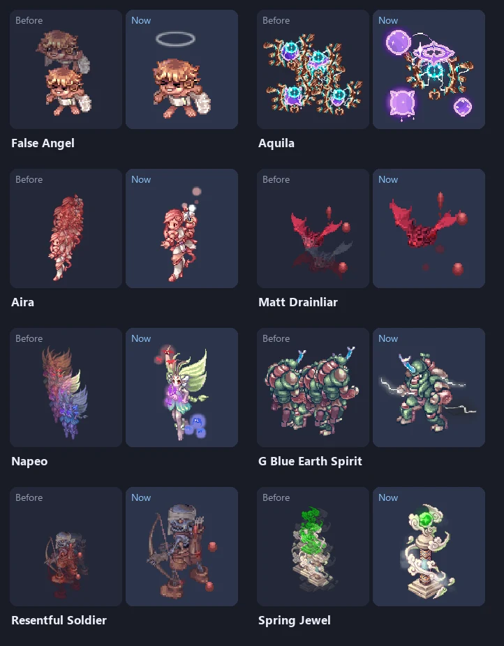 Eight monsters before and now: False Angel, Aquila, Aira and Resentful Soldier lose their ghost copies, Matt Drainliar becomes one crimson bat, Napeo a fairy, G Blue Earth Spirit one spirit and Spring Jewel a jewel on its stand
