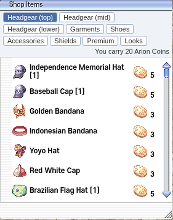 The Arion Coin Shop in the game: nine tabs (Headgear top, mid and lower, Garments, Shoes, Accessories, Shields, Premium, Looks), slotted hats at 5 coins