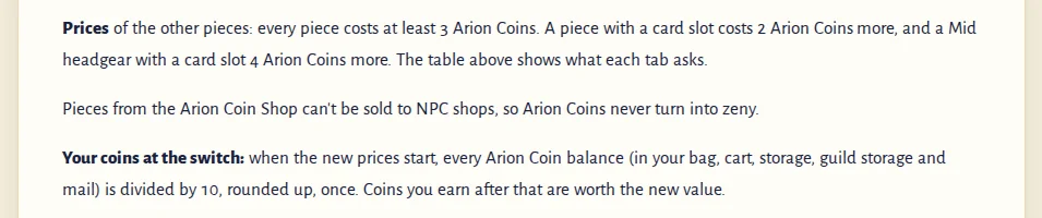 The wiki text on the coin switch: every Arion Coin balance is divided by 10, rounded up, once