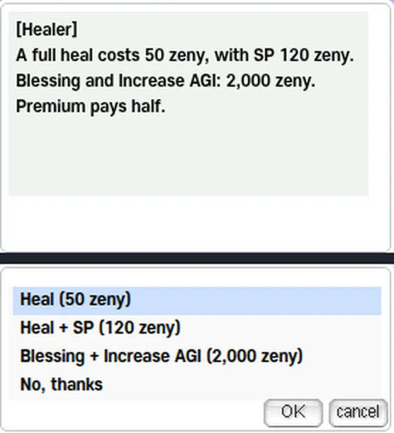 The Healer in Prontera: a full heal costs 50 zeny, with SP 120 zeny, Blessing and Increase AGI 2,000 zeny, Premium pays half