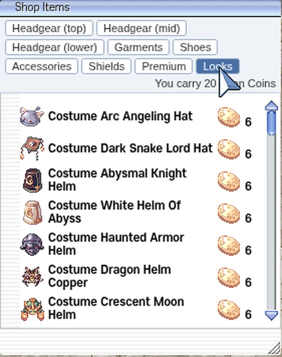 The Looks tab of the Arion Coin Shop in the game: costume looks for 5 or 6 Arion Coins
