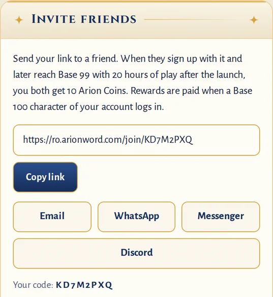 The invite box with the link, the Copy link button and the Email, WhatsApp, Messenger and Discord buttons under it
