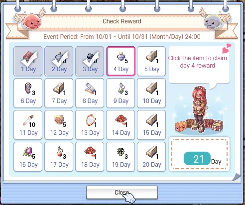 The attendance calendar in game: HE Battle Manuals on days 5, 7, 10, 15 and 20