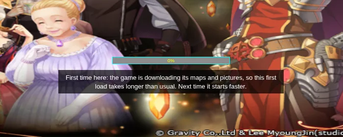 The map loading screen with the note under the loading bar: the game is downloading its maps and pictures, so this first load takes longer