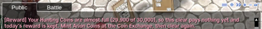 The reward line in chat: your Hunting Coins are almost full (29,900 of 30,000), so this clear pays nothing yet and today's reward is kept