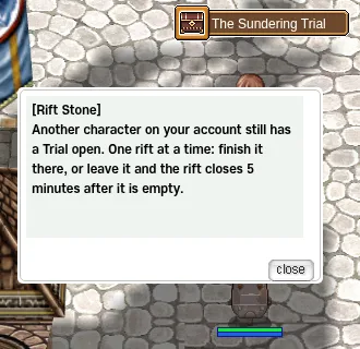 The Rift Stone dialog: another character on your account still has a Trial open