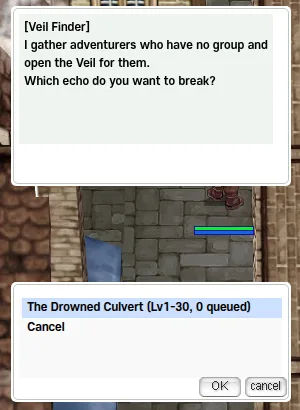 The Veil Finder menu opened with @finder: which echo do you want to break, with an instance row and how many are queued