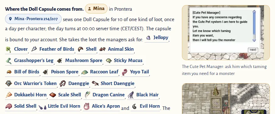 The wiki Pets page: where the Doll Capsule comes from, Mina in Prontera and the loot she takes