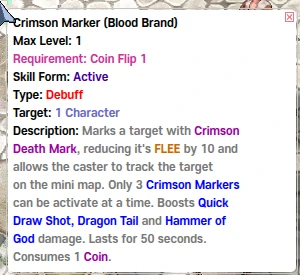 The Crimson Marker skill description in the game, ending with: Lasts for 50 seconds.