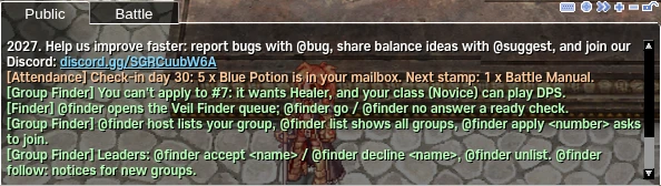 The game chat after @finder help: the Veil Finder and Group Finder commands, one line each