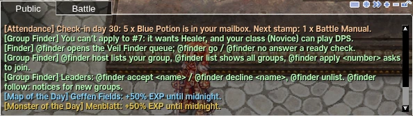 The game chat with the hourly lines: [Map of the Day] Geffen Fields: +50% EXP until midnight. [Monster of the Day] Menblatt: +50% EXP until midnight.