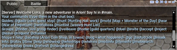 The game chat: [Server] Welcome Liora, a new adventurer in Arion! Say hi in #main.