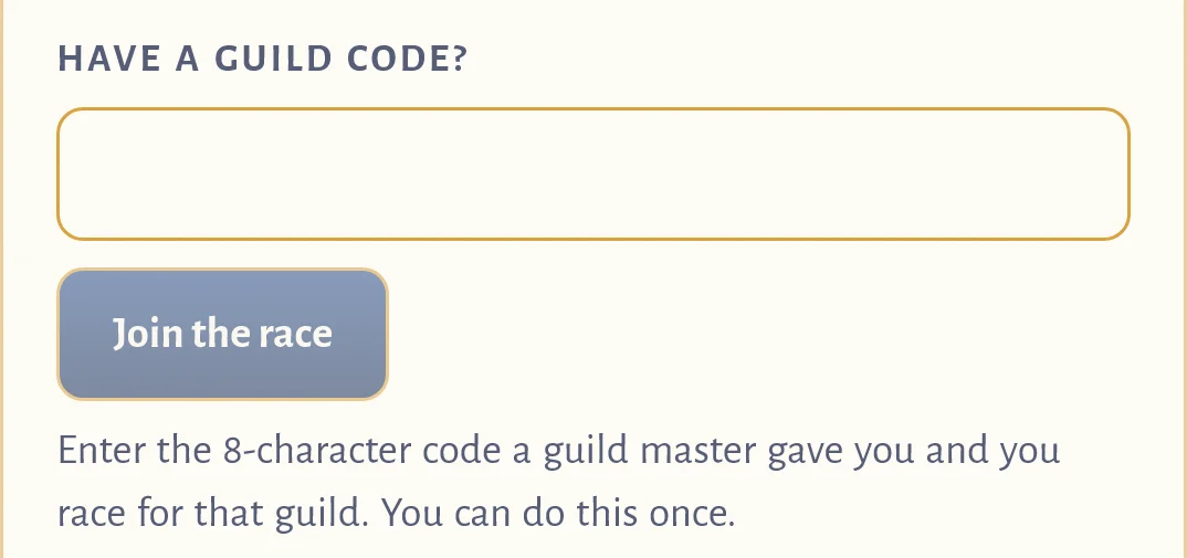The Have a guild code? field with a Join the race button on the account page.