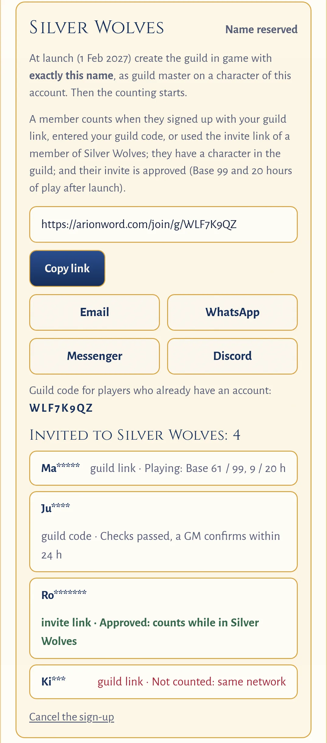 The Guild race box of a guild master on a phone: the guild link with Copy link, Email, WhatsApp, Messenger and Discord buttons, the guild code, and 4 invited players with how they joined and where they stand.