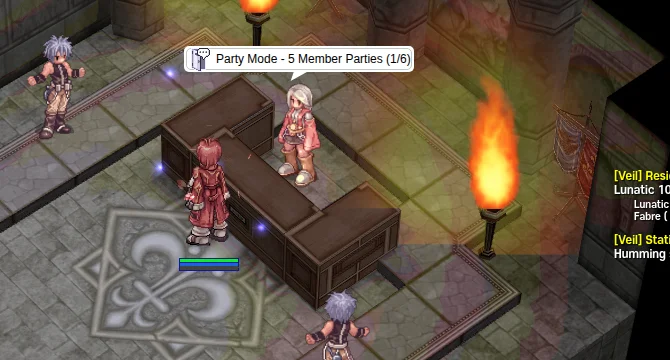 A room of the Izlude Arena; over the NPC Ponox a room sign "Party Mode - 5 Member Parties (1/6)" (the count includes Ponox).