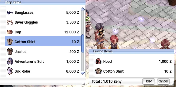 An armor shop's list (Sunglasses, Diver Goggles, Cap, Cotton Shirt, Jacket, Adventurer's Suit, Silk Robe) next to the Buying Items list: Hood 1,000 Z and Cotton Shirt 10 Z, 'Total : 1,010 Zeny'.