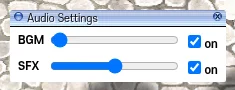 Audio Settings window with BGM and SFX sliders, both on.