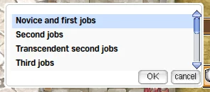Beta Hall Job Changer's job list: "Novice and first jobs", "Second jobs", "Transcendent second jobs", "Third jobs".