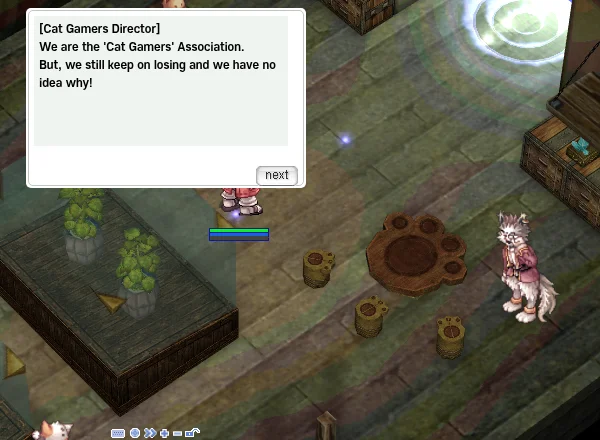 Cat Gamers Director dialog: "We are the 'Cat Gamers' Association. But, we still keep on losing and we have no idea why!" with the cat NPC next to a game table.